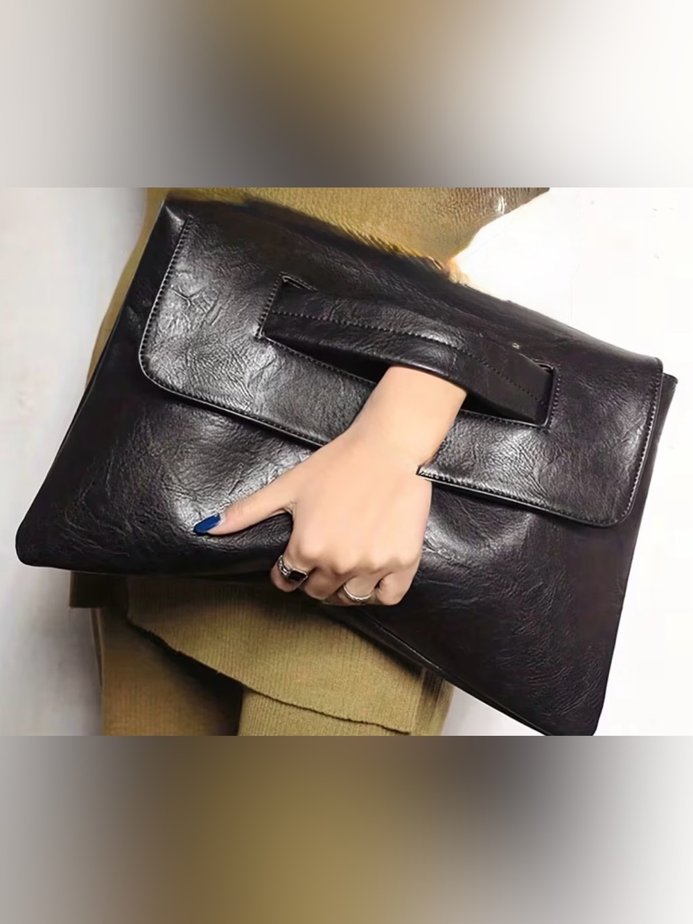 Black Leather oversized Envelope Clutch Handbag -